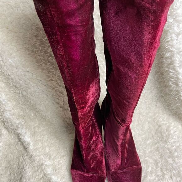Ashley Stewart Fabric suede Burgundy knee high clear heel boots SZ9W - Picture 5 of 13